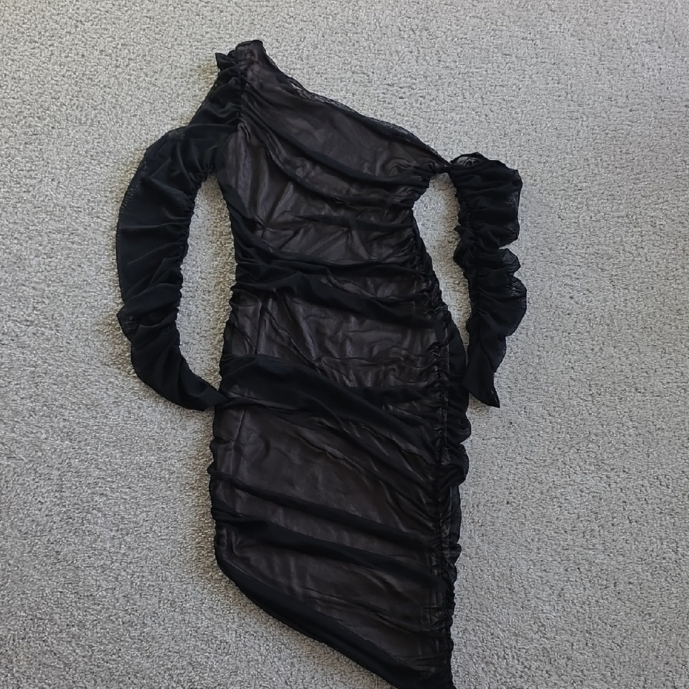 VENUS Black One-Shoulder Ruched Mesh Bodycon Dress